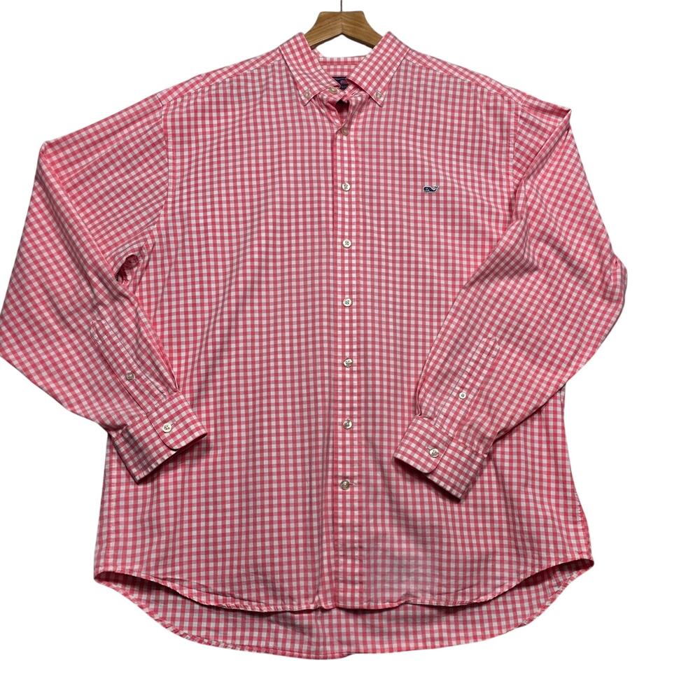 Vineyard Vines 100% Cotton Pink Gingham Whale Button Up Shirt Size XL
